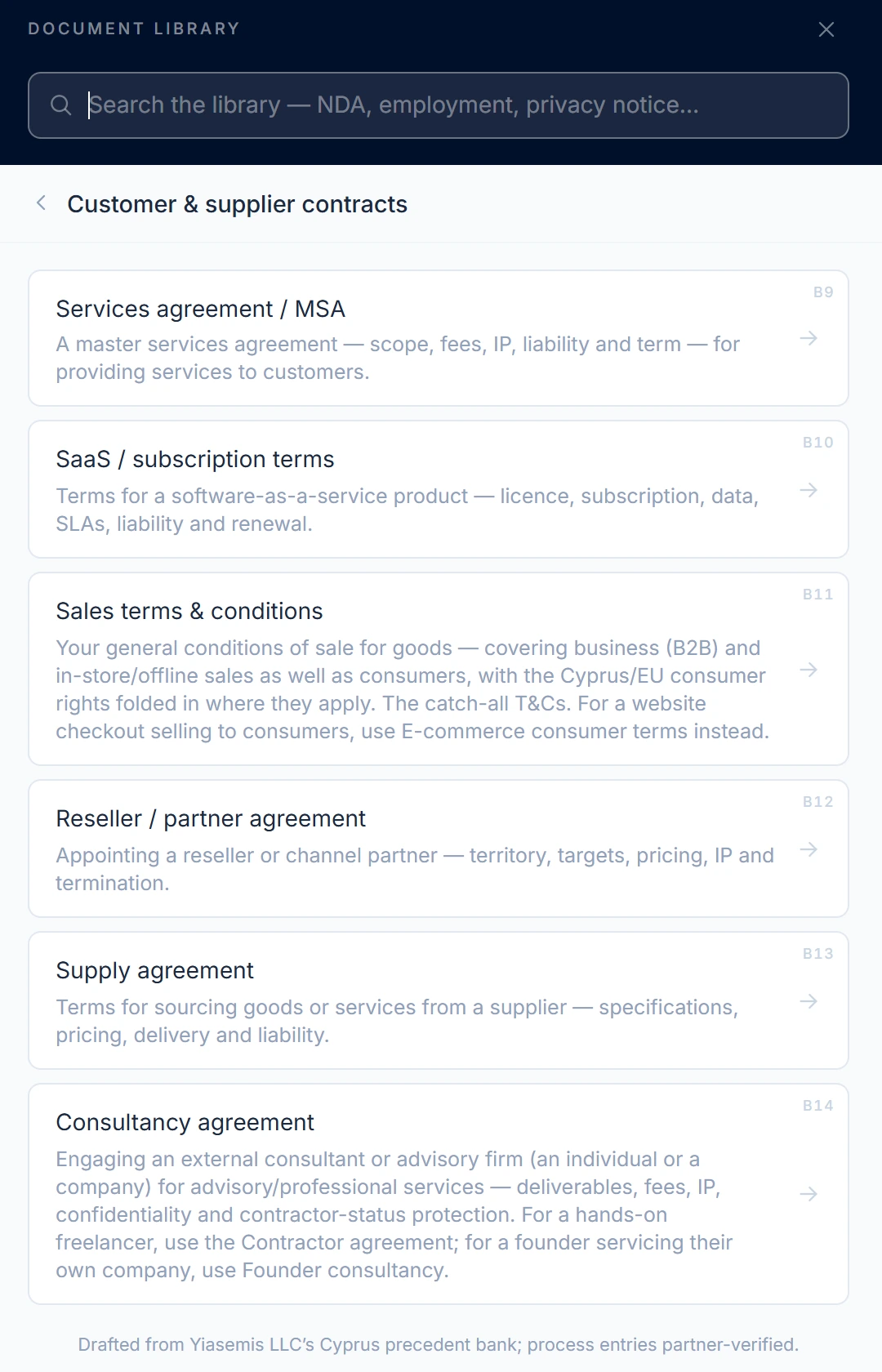 The document library open at Customer & supplier contracts — services agreement, SaaS terms, sales terms, reseller, supply and consultancy agreements, each with a plain-language description.