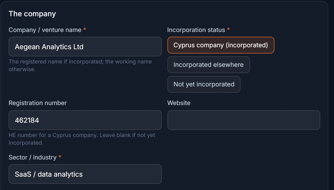 The raise intake’s company section — name, incorporation status, registration number and sector.